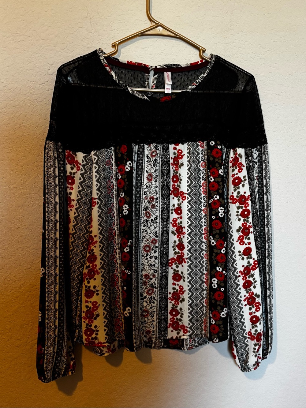 Xhilaration Womens Striped Floral Long Sleeve Blouse Black Sheer Detail Sz Med